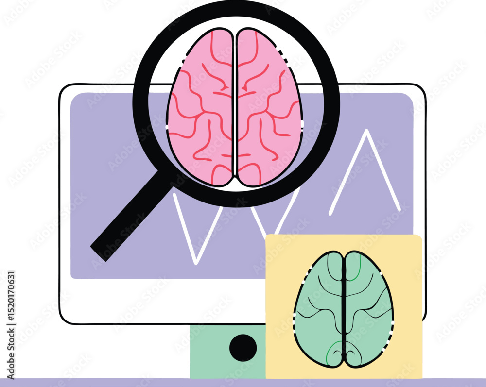 Poster brain and data analysis illustration with computer and magnifying glass concept