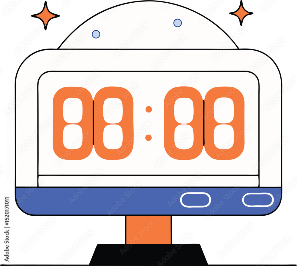 Poster cartoon digital clock displaying time zeroes, suitable for various design projects.