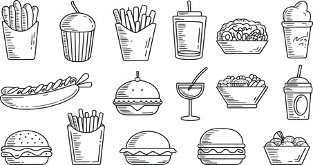 A black and white line drawing of various fast food items in a seamless pattern design
