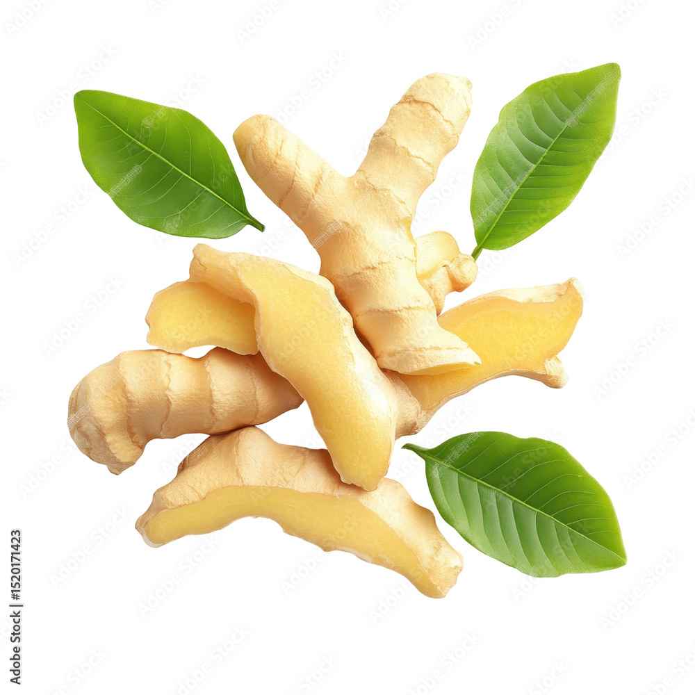 Poster fresh ginger root with green leaves arranged in an artistic display in a kitchen setting during dayt
