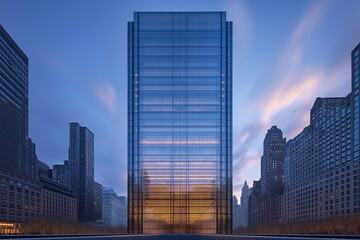 Naklejka premium Modern Skyscraper Architecture. Urban Cityscape with Glass Reflections at Sunset