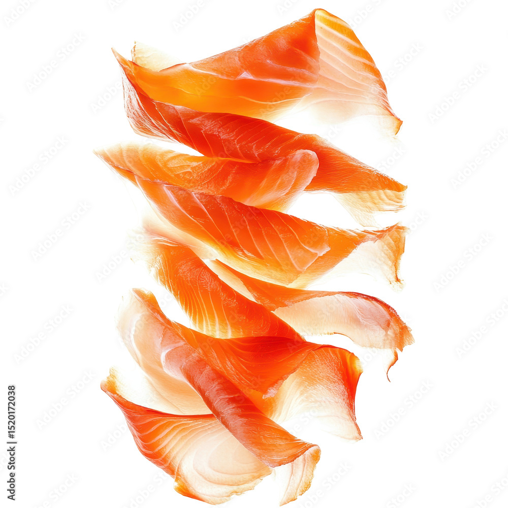 Poster freshly sliced salmon fillets arranged in a delicate display on a white background