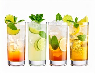a sparkling Moscow Mule, a frosty Mint Julep, a zesty Caipirinha, and a crisp Gin Ric Refreshing Cocktail Clipart: Isolated Drinks with Garnishes
