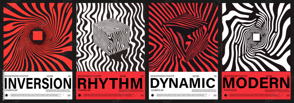 Poster modern vector posters feature bold, hypnotic line art in black and red, with 3d shapes and movement.