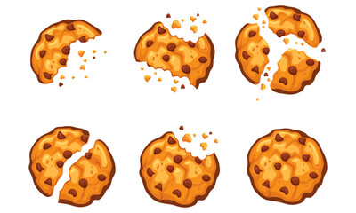 Chocolate chip cookies with crumbles bitten and broken. Cookies with crumbs vector set. Bitten cookie with chocolate chips cartoon illustration set.