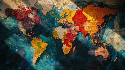 Colorful Artistic World Map Mural on Textured Wall Background