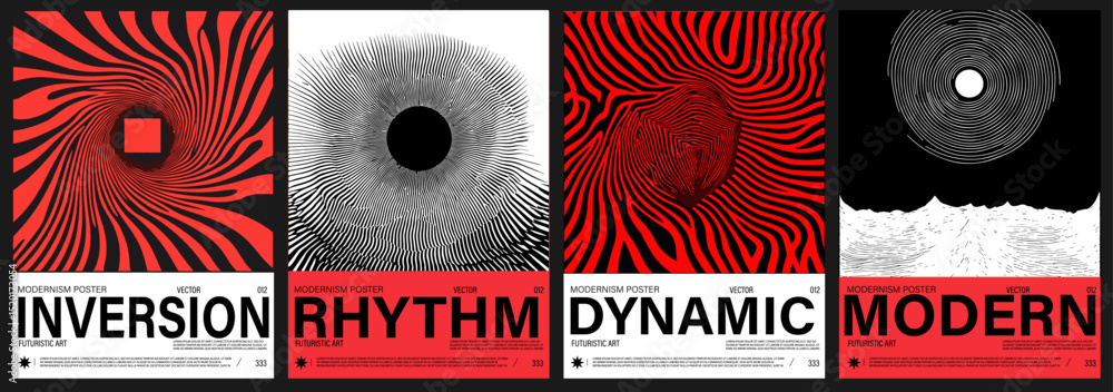 Aufkleber Modern vector posters feature bold, hypnotic line art in black and red, with 3D shapes and movement. The style is Y2K-pop art fusion, reflecting current popular retro-futuristic trends.