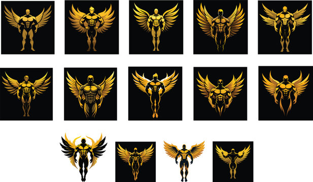 body builder with wings logo set vector illustration