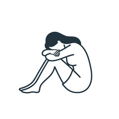 Obraz premium Sad woman sitting with knees drawn to chest in minimalist style 