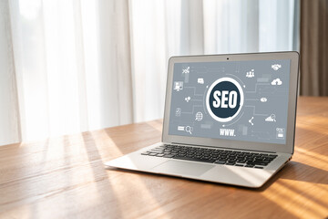 SEO search engine optimization for modish e-commerce and online retail business showing on computer...