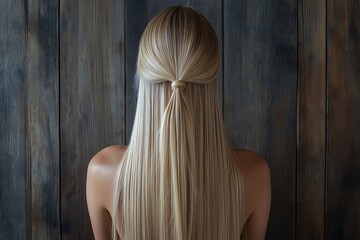 Naklejka premium Blonde Woman with Long Straight Hair and Hair Accessories Exhibits Trendy Hairstyle in Wooden Background Elegant Indoor Portrait Photography