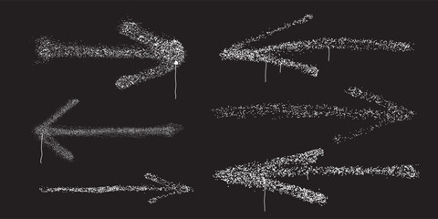 Set of graffiti arrows with overspray in white. Vector grunge arrows on black background. Graffiti spray arrows in different directions with drips and dry brush texture.