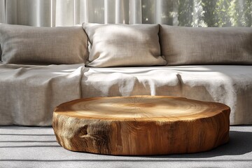 Modern Living Room with Wooden Coffee Table and Natural Materials for a Cozy Atmosphere