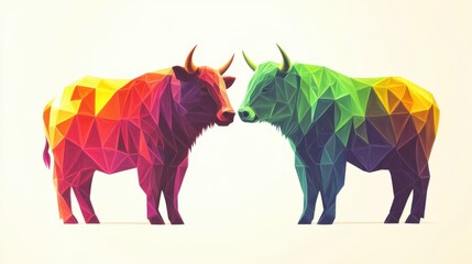Obraz premium Colorful Low-Poly Art of Cows Facing Each Other in Vivid Colors