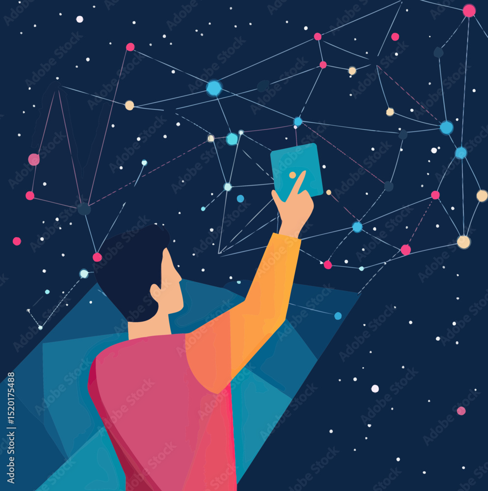 Poster man holding digital tablet with connected polygonal dots and lines abstract network background scien