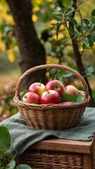 woven basket with red apples and green leaves