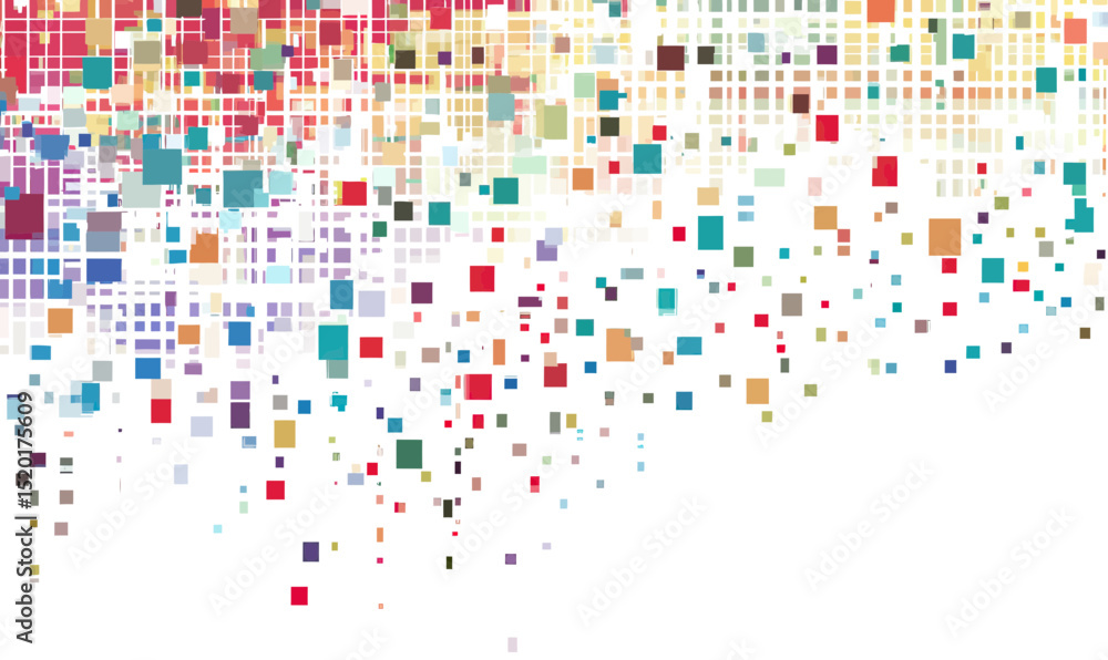 Poster abstract colorful pixel grid mosaic pattern with scattered small squares dissolving on white backgro