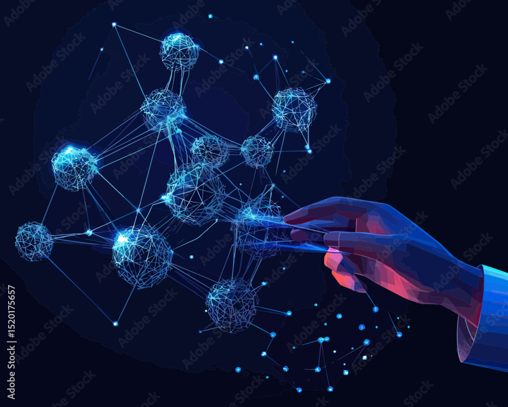Poster futuristic wireframe molecule model with glowing blue nodes connected by lines manipulated by transp