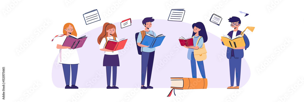 Poster group of diverse students reading books and studying together with flying papers and stacked textboo