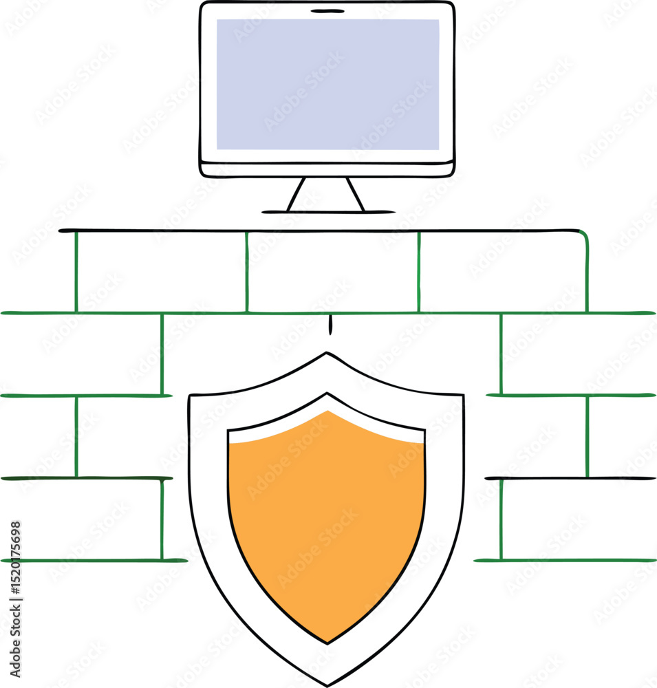 Poster conceptual illustration of digital security a shield protecting a wall and data server