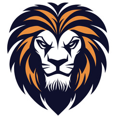 Obraz premium Stylized lion head emblem with bold mane in black and orange flat minimalist vector design for esports and sports team logo inspiration