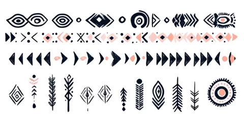 Photo sur Plexiglas Hand drawn ethnic tribal border with geometric arrows, diamonds, chevrons, and folk motif patterns in minimal flat vector style for decorative design