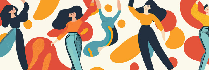 Seamless retro pattern with dancing women in colorful 1970s inspired outfits and abstract shapes in flat minimalist vector style background