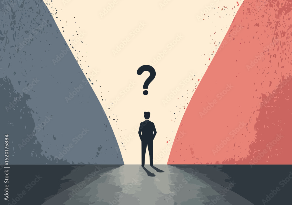 Poster silhouette of man standing at crossroads with question mark symbolizing decision making and uncertai
