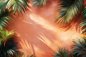 Tropical Foliage Pattern Against Warm Orange Wall. Eco-Friendly Urban Jungle Home Decor