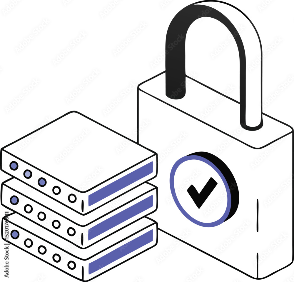 Poster data security illustration featuring a padlock and server stacks in isometric view