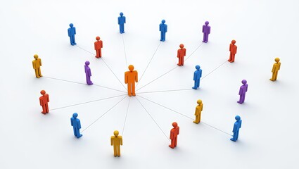 Colorful figures of people interconnected by lines create visual representation of teamwork, networking. Central figure stands out among many individuals leadership, connection. Illustration shows