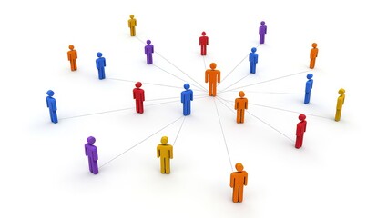 Colorful figures of people interconnected by lines create visual representation of teamwork, networking. Central figure stands out among many individuals leadership, connection. Illustration shows