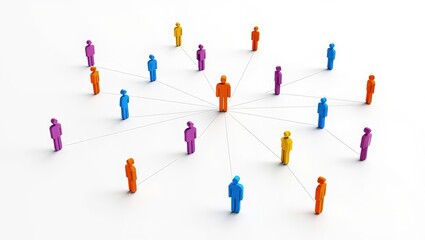 Colorful figures of people interconnected by lines create visual representation of teamwork, networking. Central figure stands out among many individuals leadership, connection. Illustration shows