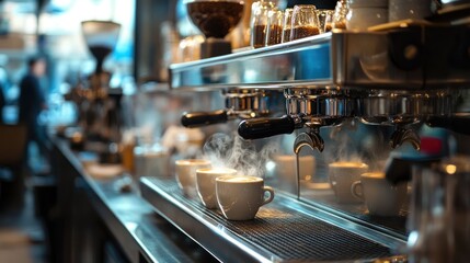 Steaming Espresso Cups on a Professional Coffee Machine in a Cafe Setting