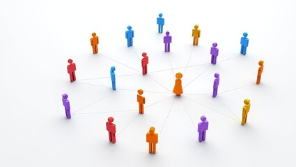 Colorful figures of people interconnected by lines create visual representation of teamwork, networking. Central figure stands out among many individuals leadership, connection. Illustration shows