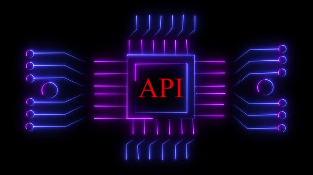 networking chip icon futuristic neon circuit board animated flat style Processor chips background. digital circuit board with API text. 