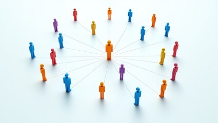 Colorful figures of people interconnected by lines create visual representation of teamwork, networking. Central figure stands out among many individuals leadership, connection. Illustration shows