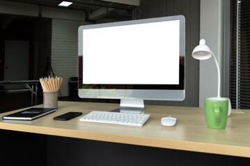 Fototapeta premium White empty screen on modish computer for your design mock up on the monitor display
