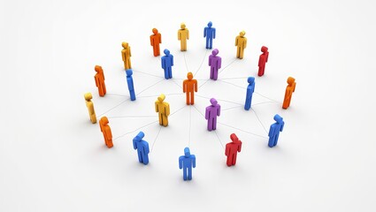 Colorful figures of people interconnected by lines create visual representation of teamwork, networking. Central figure stands out among many individuals leadership, connection. Illustration shows