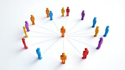 Colorful figures of people interconnected by lines create visual representation of teamwork, networking. Central figure stands out among many individuals leadership, connection. Illustration shows