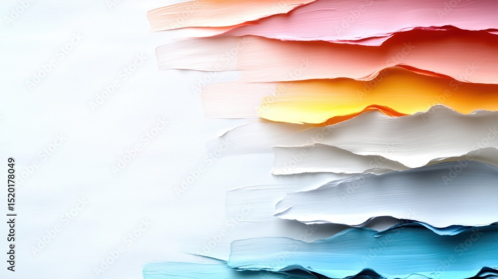 Poster strips of torn paper in vibrant colors are arranged in a layered composition. each shade flows into 