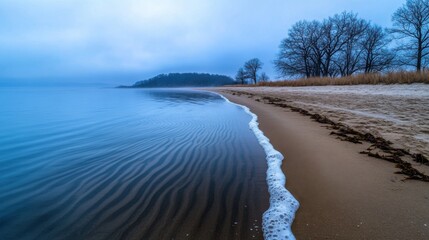 Fototapeta premium Early morning light casts a soft glow over the quiet shoreline, where gentle waves lap against the sandy beach and trees line the water's edge, creating a peaceful atmosphere.