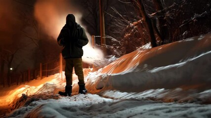 A hooded figure stands silhouetted on a snow-covered road at night with ambient light, creates a cold, mysterious scene with snowy landscape.