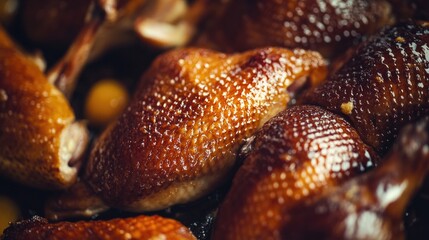 Macro shot of crispy duck skin revealing glistening texture and rich caramelized glaze