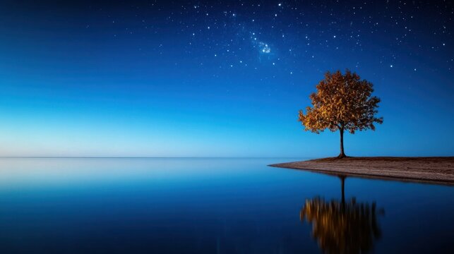 A tranquil lakeside scene showcases a single tree with autumn foliage reflecting on calm waters as stars twinkle in the deep blue sky during twilight.