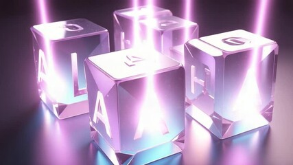 Abstract render of glowing geometric cubes with lettering and reflective surfaces in shades of purple and blue - Powered by Adobe