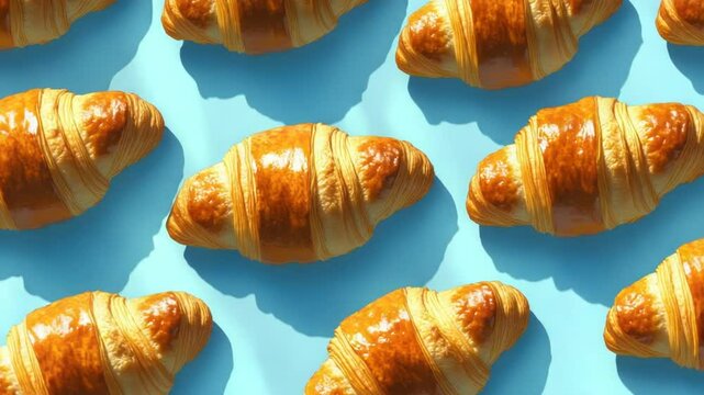 Croissants arranged in a repeating pattern on a light blue surface