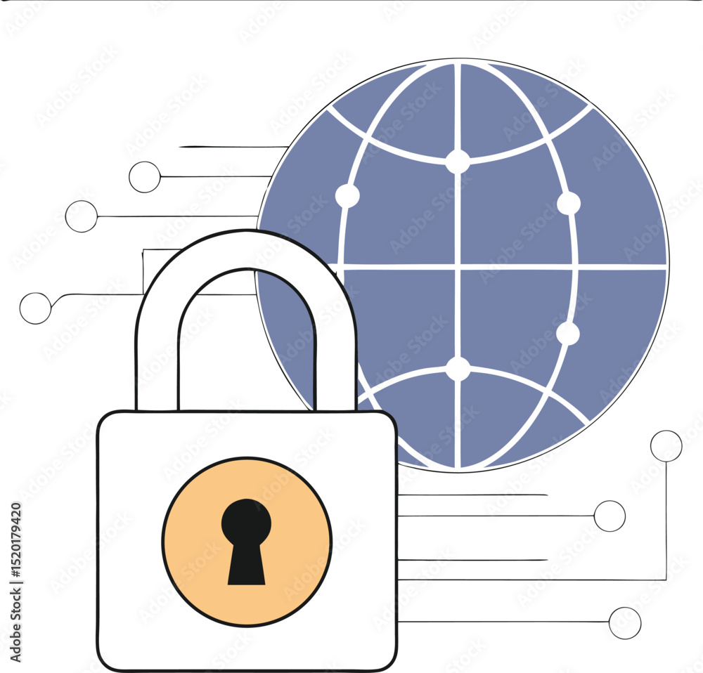 Poster global cybersecurity illustration with padlock and world globe representing internet security