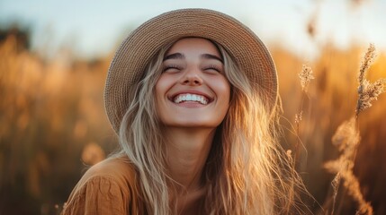 Radiant Woman in Straw Hat, Golden Hour Bliss
