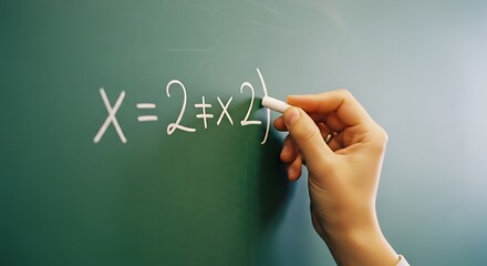 Close up of a hand writing a mathematical equation on a green chalkboard using white chalk. The equation focuses on variable X with a bracketed mathematical expression.